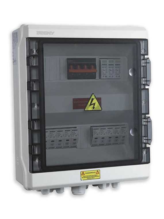 Caja de conexión en paralelo con 5 entradas, pararrayos y seccionador + 2 m de cable de 16².