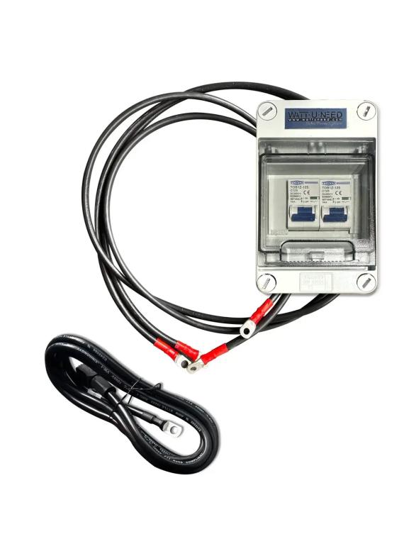 Caja con 2 fusibles de 125 A – 250 V CC + 4 cables de 35 mm² + terminales de batería – Listo para conectar