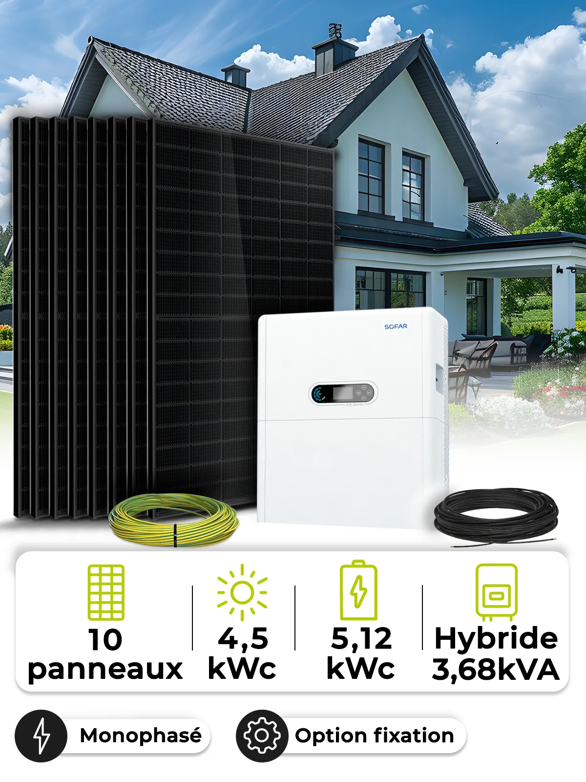 Kit Solaire 4,5kWc Mono 3,68kW + Batterie 5,12kWh