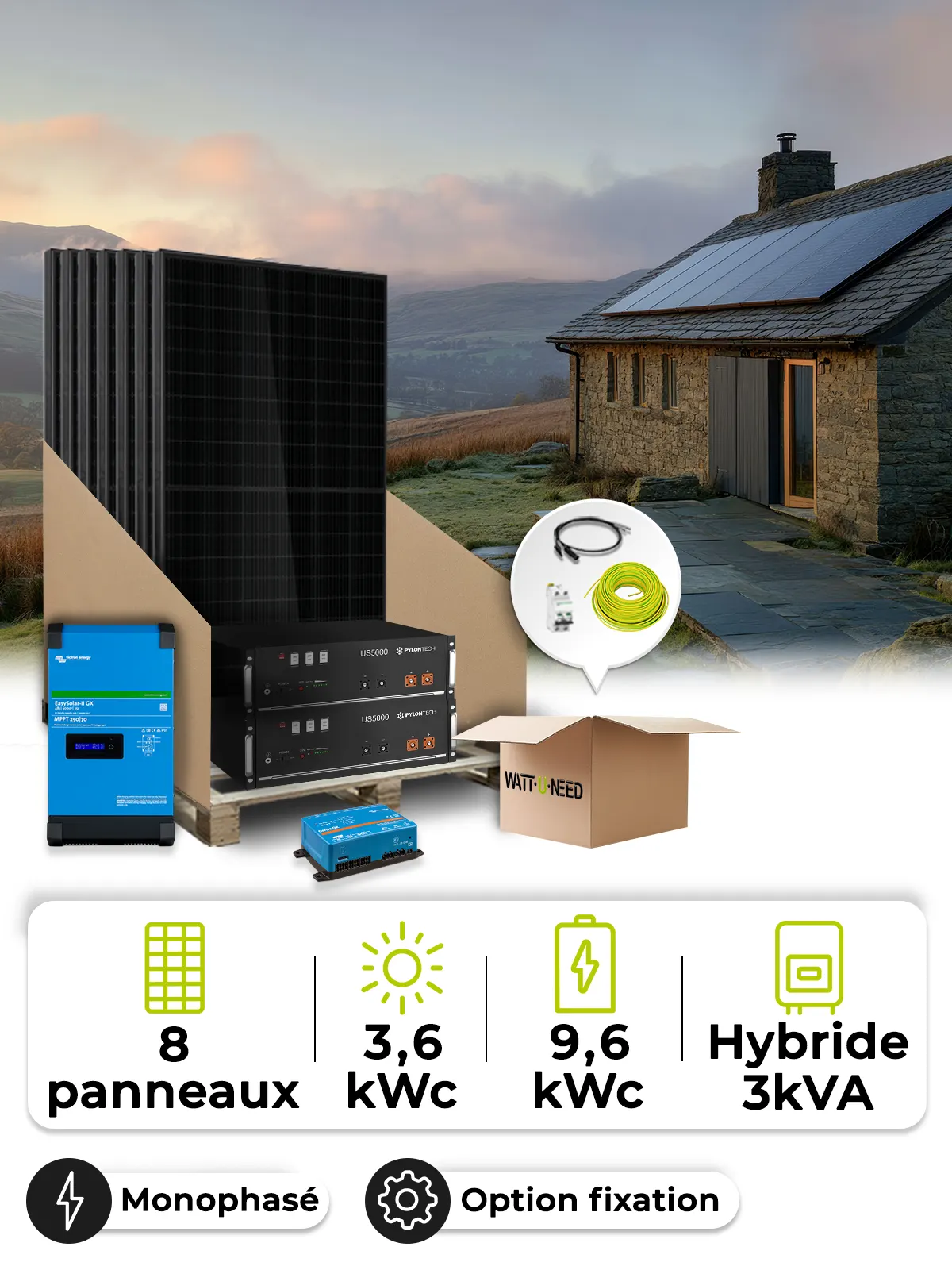 Zonne-energieset voor afgelegen locaties 3,6 kWp Mono 3 kW + batterij 4,8 kWh Victron
