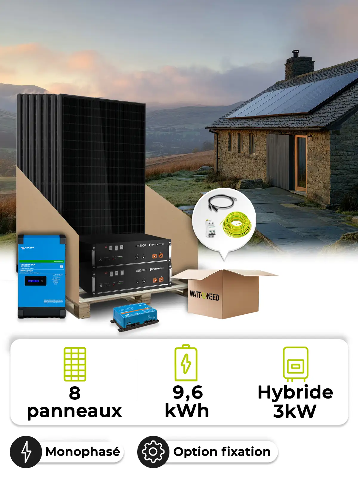 Kit Solaire Site Isolé 3,6 kWc – Mono 3 kW – Batterie 4,80 kWh – Victron