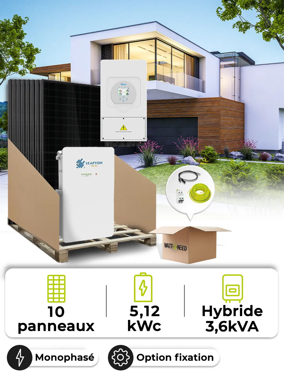 Zonne-energieset 4,5 kWp Deye 3.6K + Leapton 5,12 kWh