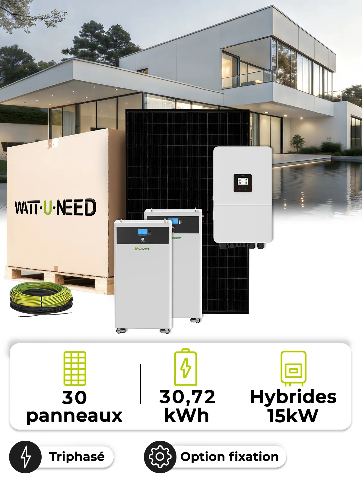 Kit Solaire Autoconsommation 13,5 kWc – Tri 15 kW – Batterie 30,72 kWh