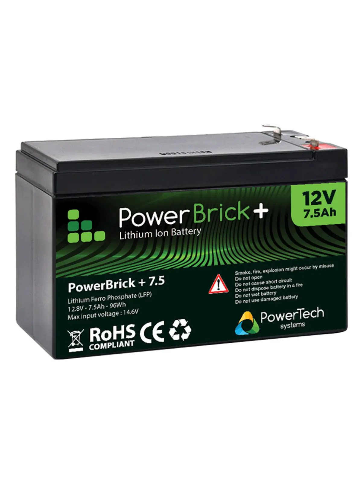 Lithium-Batterie LiFePO4 0,10 kWh – PowerBrick+ PB+12/7,5 12,8 V 7,5 Ah – IP65