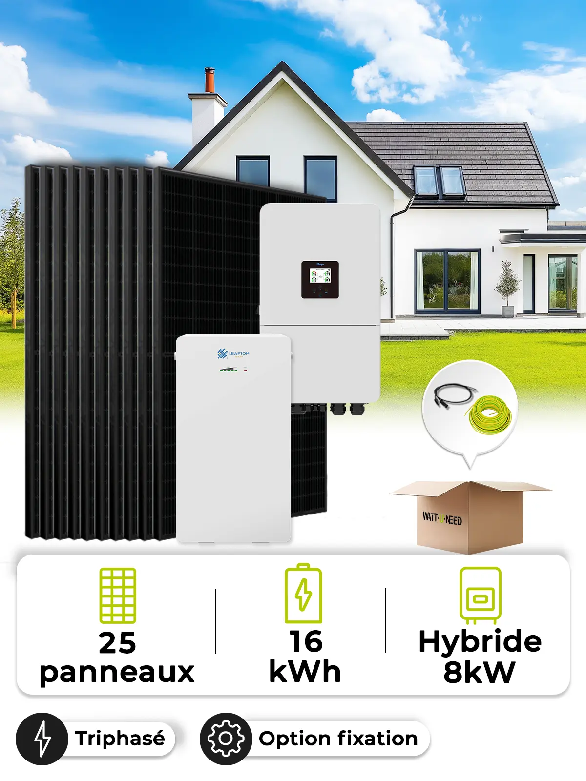 Kit Solaire Autoconsommation 11,3 kWc – Tri 8 kW – Batterie 16 kWh