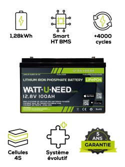 Batterie lithium Wattuneed-12-8V-100Ah - 100 Ah 12,8 V LiFePO4 1,28 kWh – communication Bluetooth