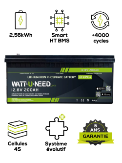 Batterie lithium Wattuneed-12-8V-200Ah - 200 Ah 12,8 V LiFePO4 2,56 kWh – bms intégré