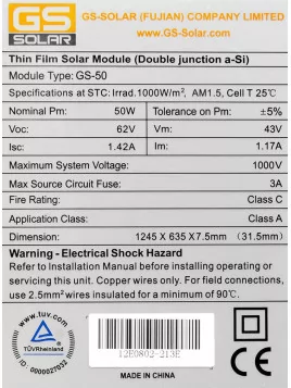 GS-50 solar panel amorphous