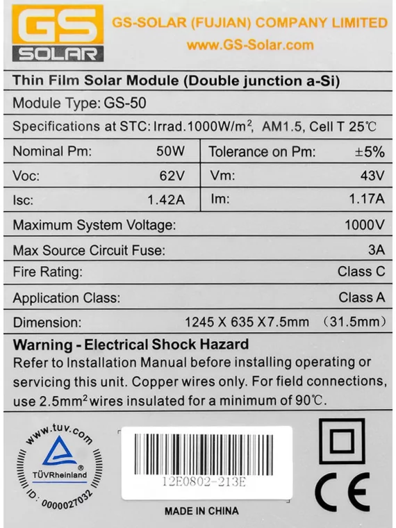 GS-50 solar panel amorphous