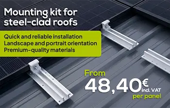 Discover our new mounting kit for steel roofing panels. Available in portrait or landscape orientation. Quick installation and premium-quality materials from €48.40 (incl. VAT) per panel.