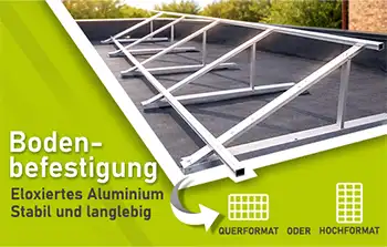 Entdecken Sie unser Befestigungsset aus Aluminium für die Bodenmontage von Solarmodulen mit einer Größe von 160 cm bis 178 cm. Ausrichtung im Hoch- oder Querformat.