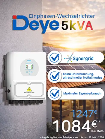 Aktion für den Deye 5 kVA Einphasen-Hybridwechselrichter - SUN-5K-SG04LP1-BE | Synergrid Preis: 1.084 € inkl. MwSt. statt 1.247 €