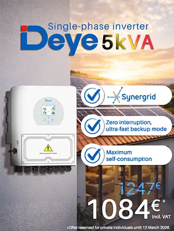 Promotion on the Deye 5 kVA single-phase hybrid inverter - SUN-5K-SG04LP1-BE | Synergrid Price: €1084 incl. VAT instead of €1247