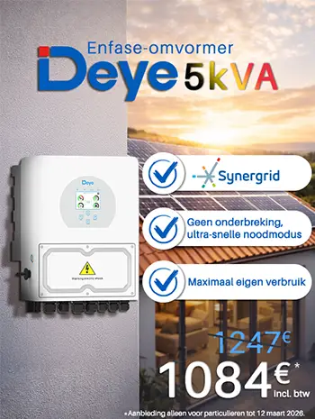 Promotie op de Deye 5 kVA enfasige hybride omvormer - SUN-5K-SG04LP1-BE | Synergrid Prijs: €1084 incl. btw in plaats van €1247