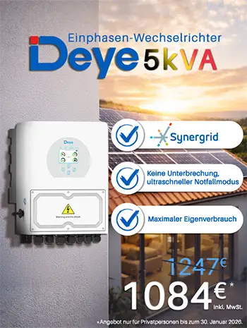 Aktion für den Deye 5 kVA Einphasen-Hybridwechselrichter - SUN-5K-SG04LP1-BE | Synergrid Preis: 1.084 € inkl. MwSt. statt 1.247 €