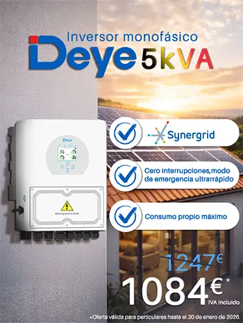 Promoción en el inversor híbrido monofásico Deye 5 kVA - SUN-5K-SG04LP1-BE | Synergrid Precio: 1084 € IVA incluido en lugar de 1247 €