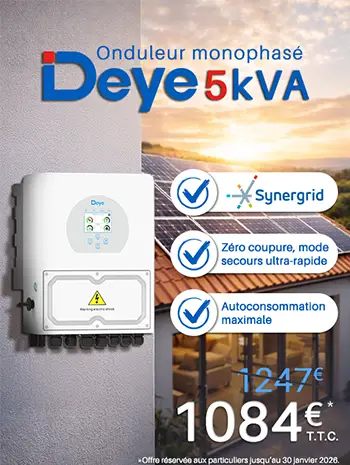 Promo sur l'onduleur hybride monophasé Deye 5 kVA - SUN-5K-SG04LP1-BE | Synergrid au prix de 1084€ T.T.C. au lieu de 1247€.