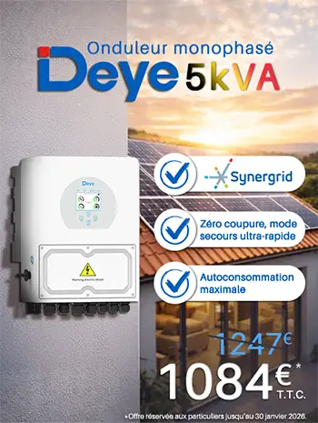 Promo sur l'onduleur hybride monophasé Deye 5 kVA - SUN-5K-SG04LP1-BE | Synergrid au prix de 1084€ T.T.C. au lieu de 1247€.