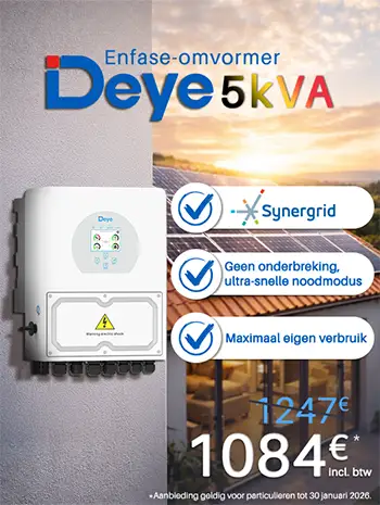 Promotie op de Deye 5 kVA enfasige hybride omvormer - SUN-5K-SG04LP1-BE | Synergrid Prijs: €1084 incl. btw in plaats van €1247