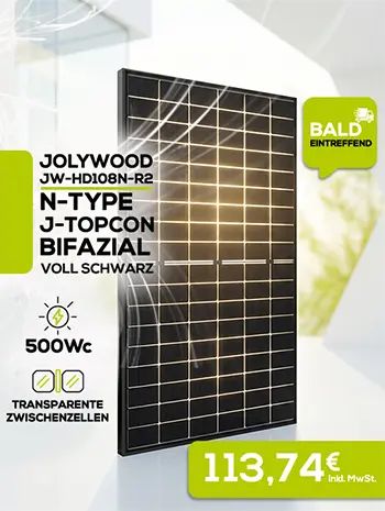 BALD LIEFERBAR: Jolywood 500-Wp-Solarmodul FULL BLACK N-Type J-TOPCon Bifacial. TRANSPARENTE ZWISCHENZELLEN zum Preis von 113,74 € inkl. MwSt.
