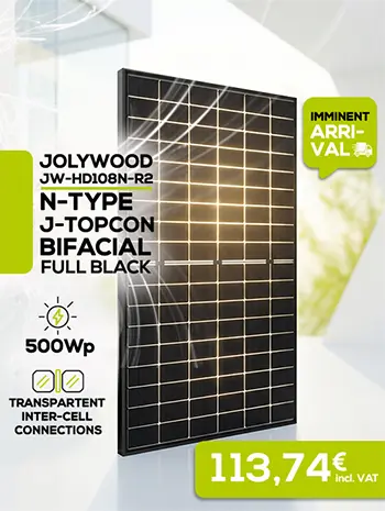 COMING SOON: Jolywood 500Wp FULL BLACK N-Type J-TOPCon Bifacial solar panel. TRANSPARENT INTERCELLULAR SPACERS, priced at €113.74 incl. VAT.