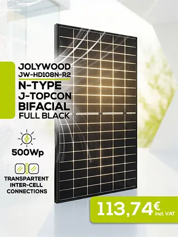  Jolywood 500Wp FULL BLACK N-Type J-TOPCon Bifacial solar panel. TRANSPARENT INTERCELLULAR SPACERS, priced at €113.74 incl. VAT.