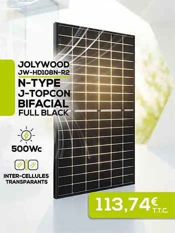 Panneau solaire Jolywood 500Wc FULL BLACK N-Type J-TOPCon Bifacial. INTER-CELLULES TRANSPARANTES au prix de 113,74€ T.T.C.