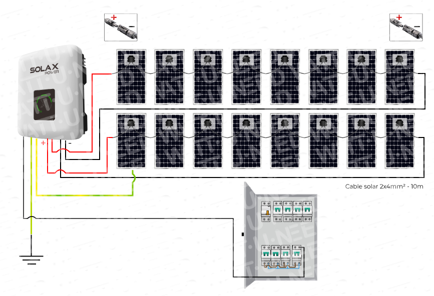Esquema de conexión para 16 paneles solares con un inversor Solax 5 kVA