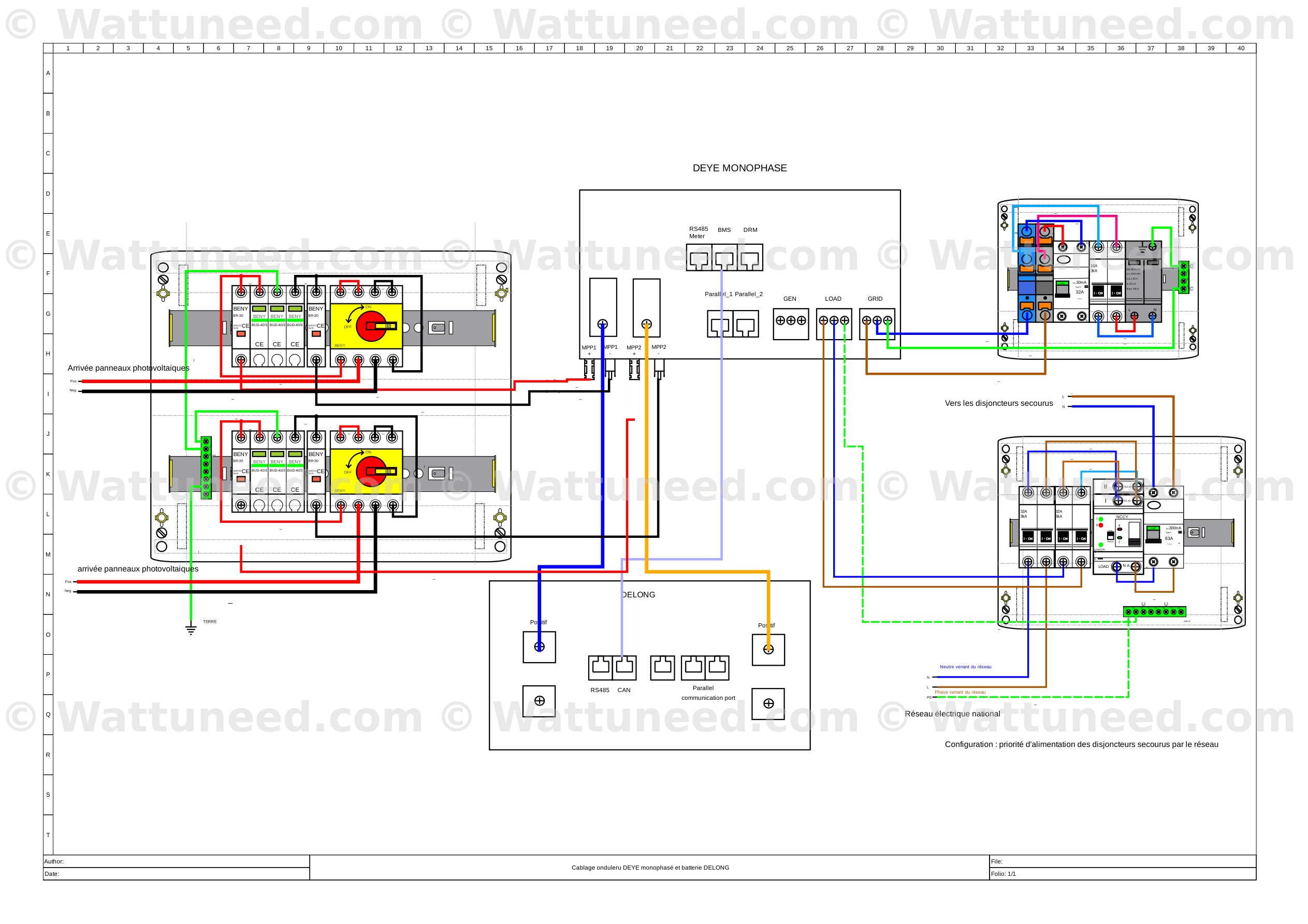 Sch&eacute;ma installation compl&egrave;te Deye monophas&eacute; avec coffret AC grid, coffret DC solaire, batterie Delong et inverseur automatique ONCCY