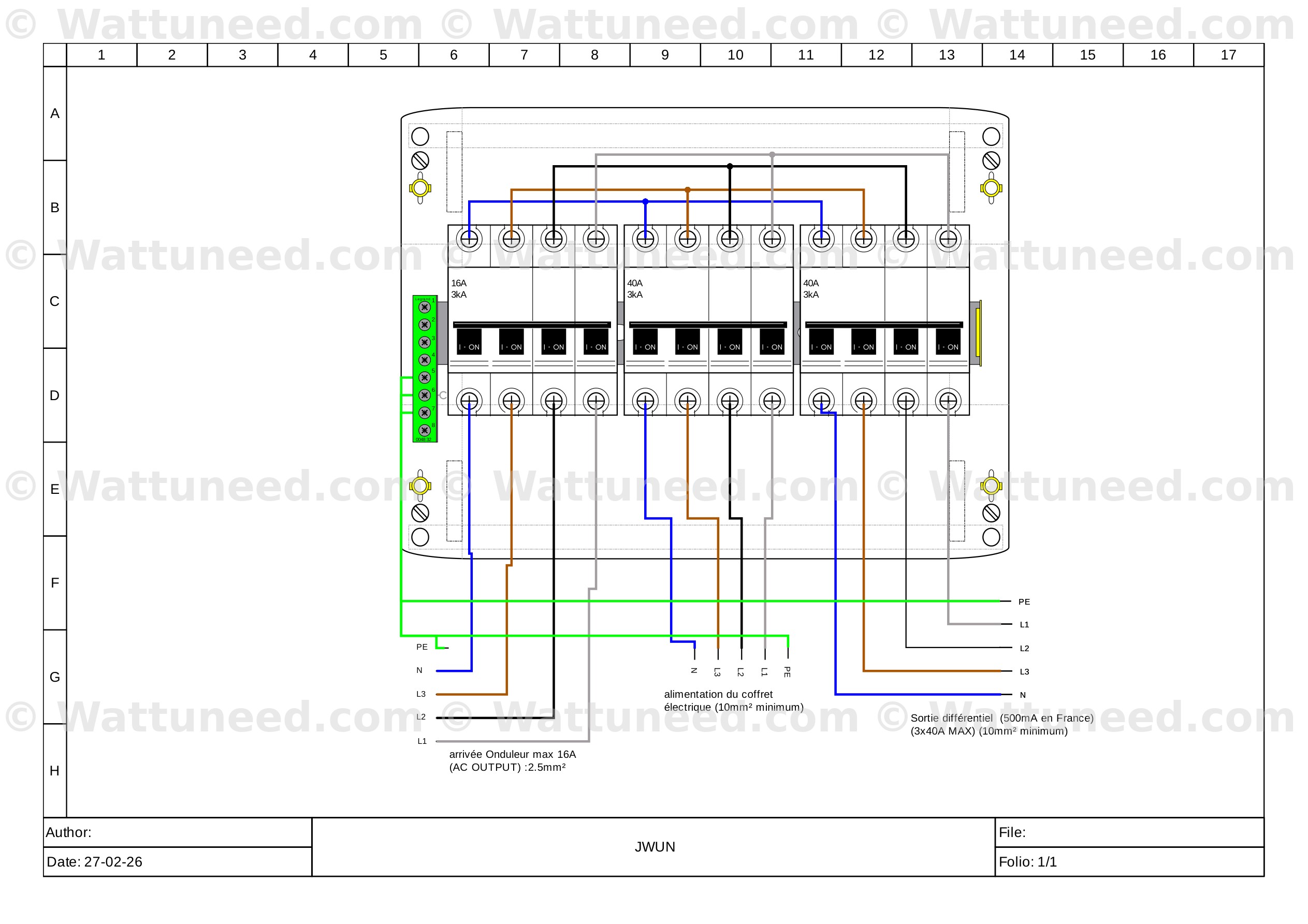 Sch&eacute;ma coffret limiteur triphas&eacute; avec disjoncteurs 16A et 40A, diff&eacute;rentiel 500mA