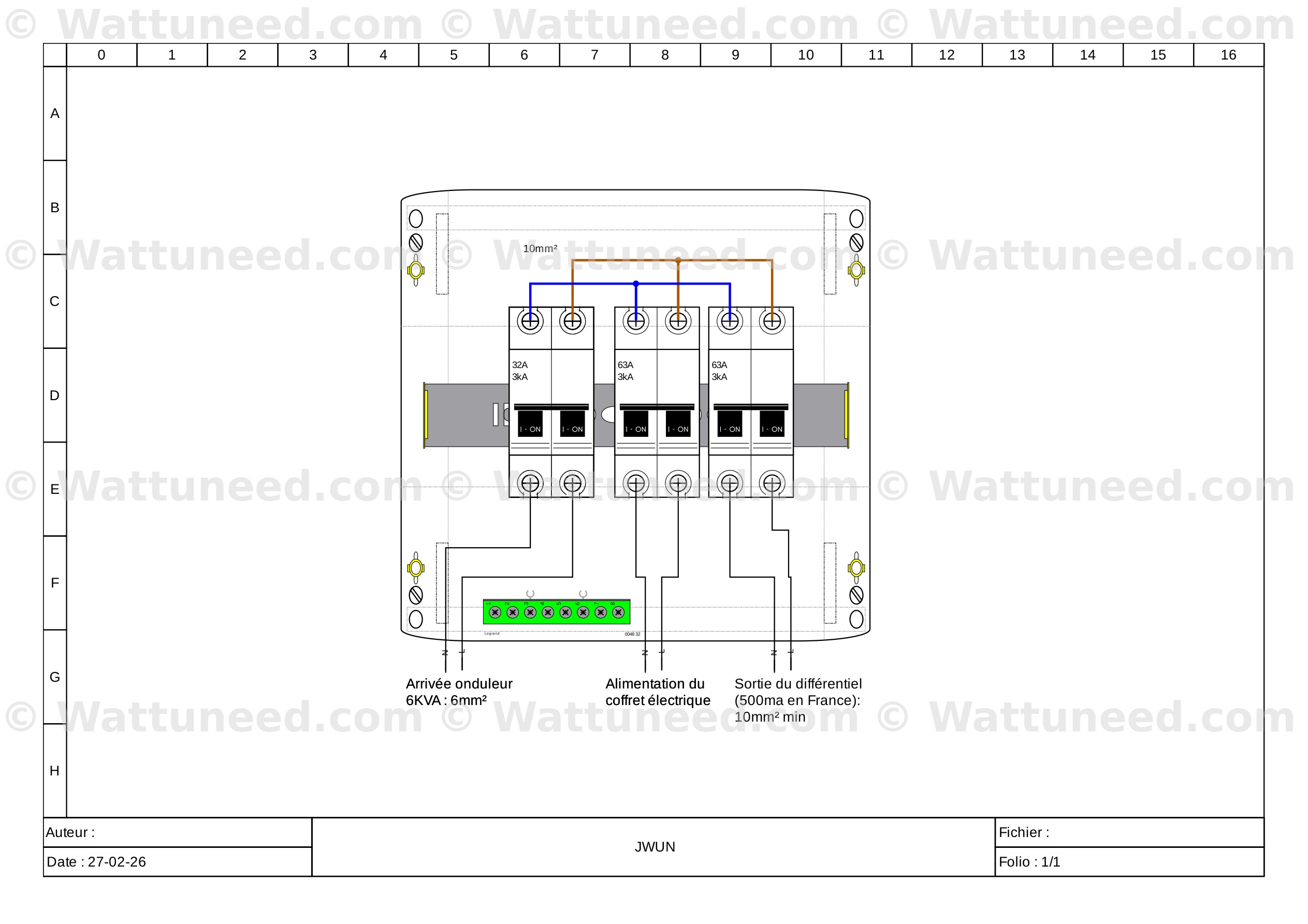 Sch&eacute;ma limiteur 63A avec arriv&eacute;e onduleur 6kVA et sortie diff&eacute;rentiel 500mA