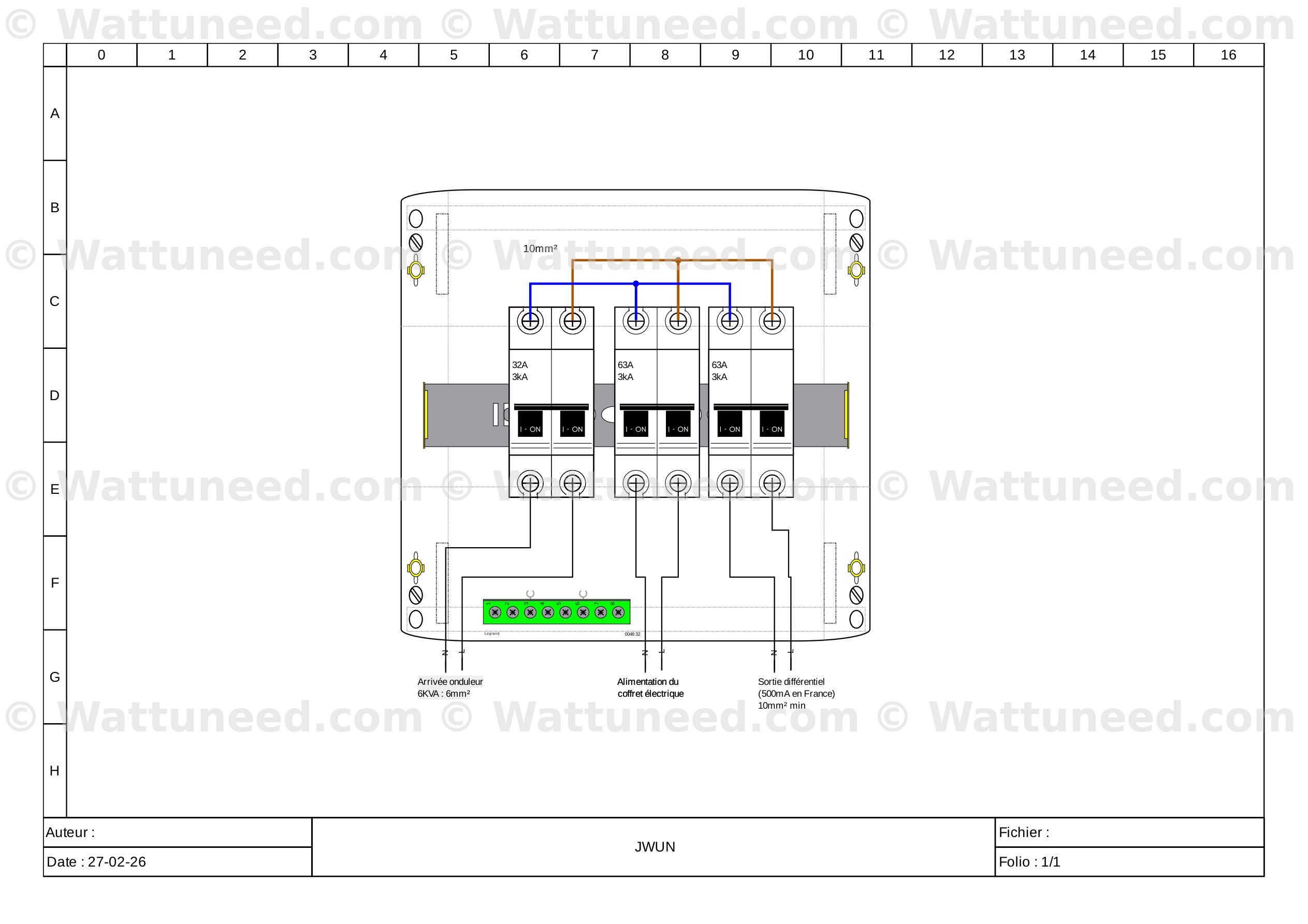 Sch&eacute;ma coffret limiteur monophas&eacute; 63A avec disjoncteurs 32A et diff&eacute;rentiel 500mA
