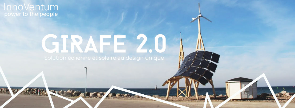 Header présentation de la Girafe 2.0 de InnoVentum. Une solution éolienne et solaire au design unique.