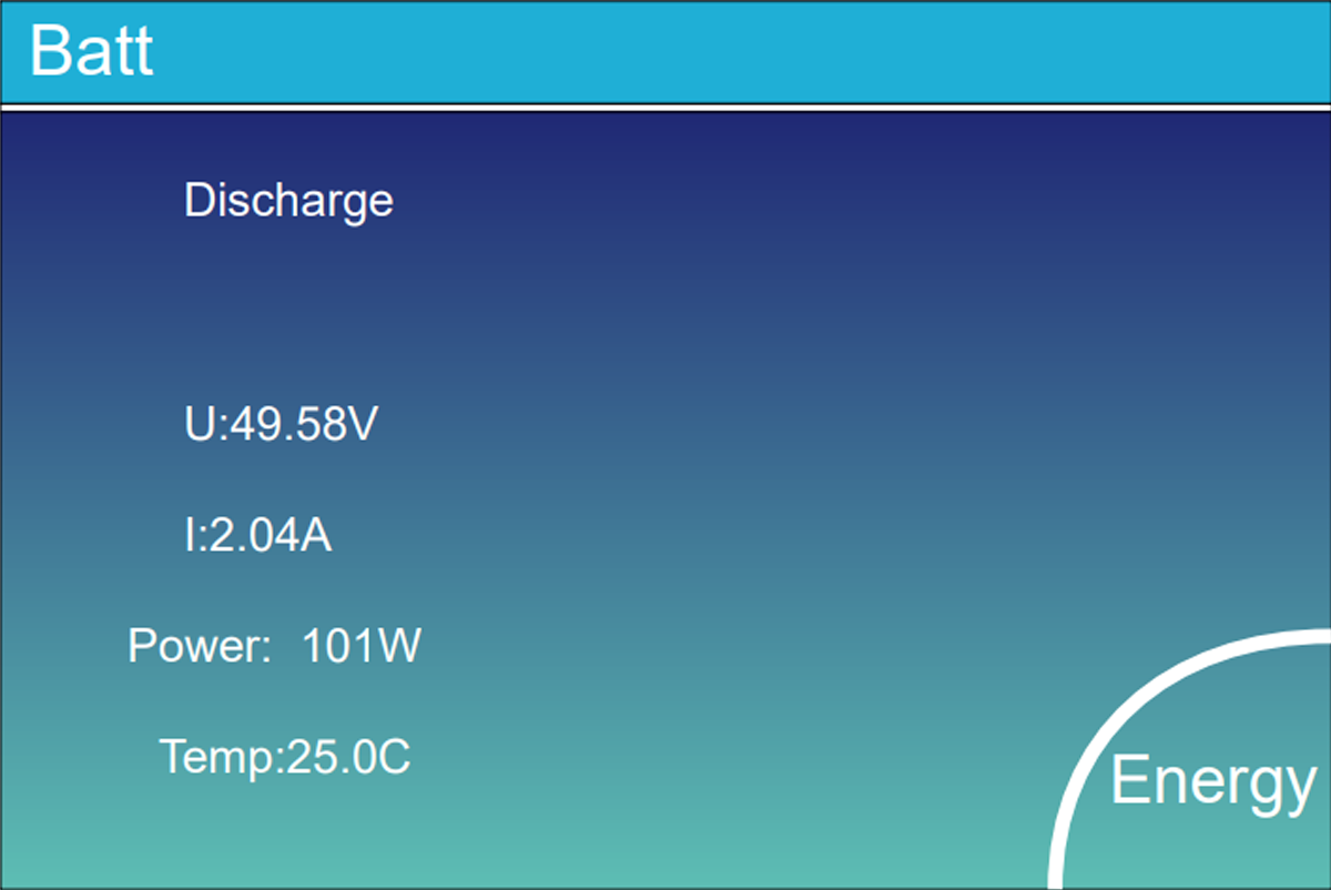 Deye battery detail screen with charge status, voltage and power