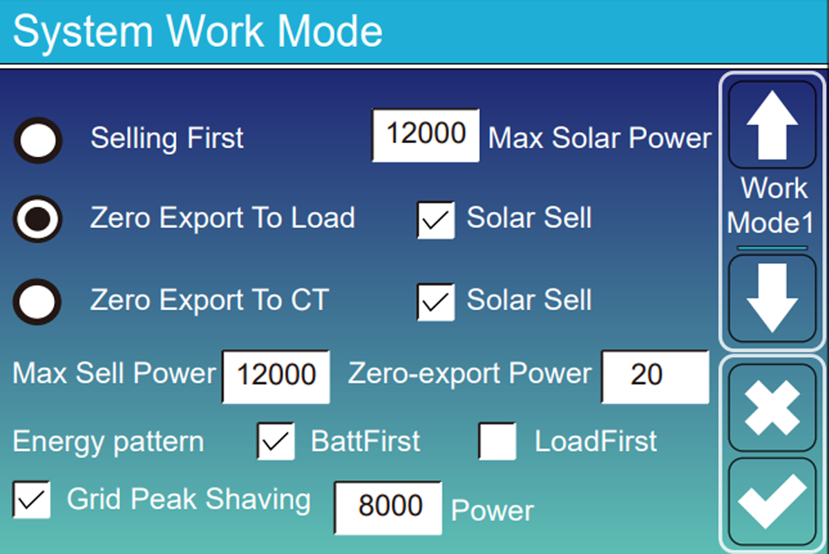 Deye System Work Mode screen with operating choices