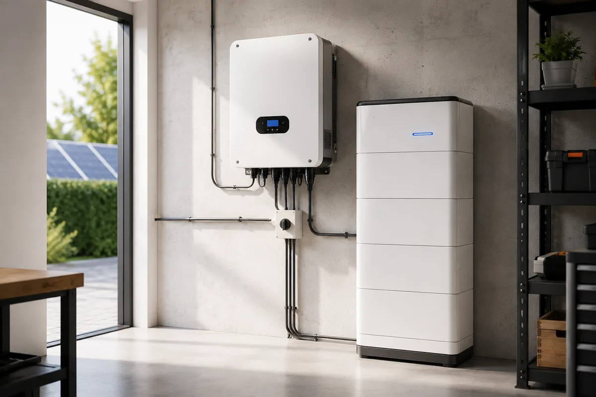 Onduleur hybride et batterie lithium installés au mur