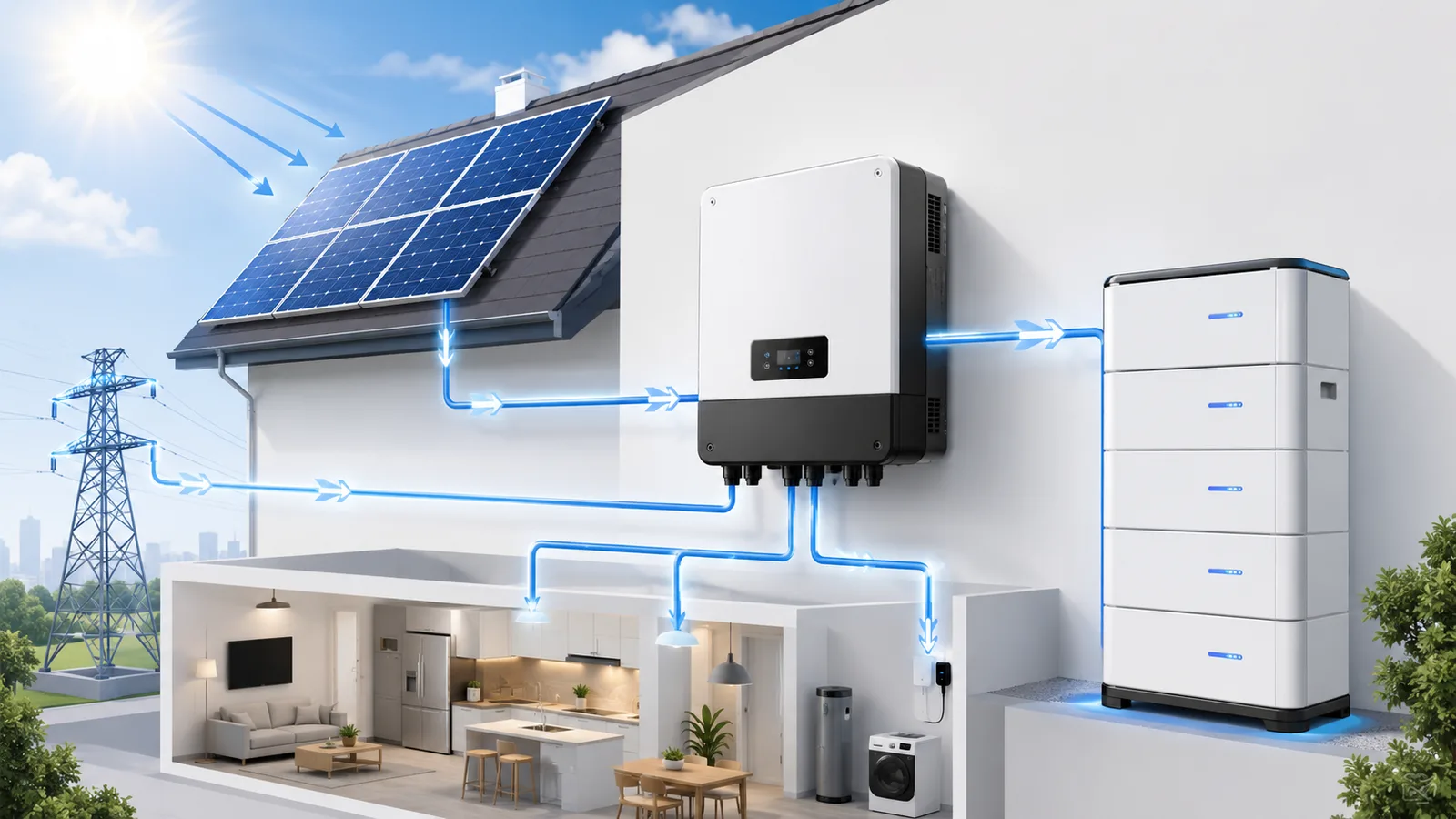 Schéma d'un système solaire avec onduleur hybride : panneaux, batterie et réseau