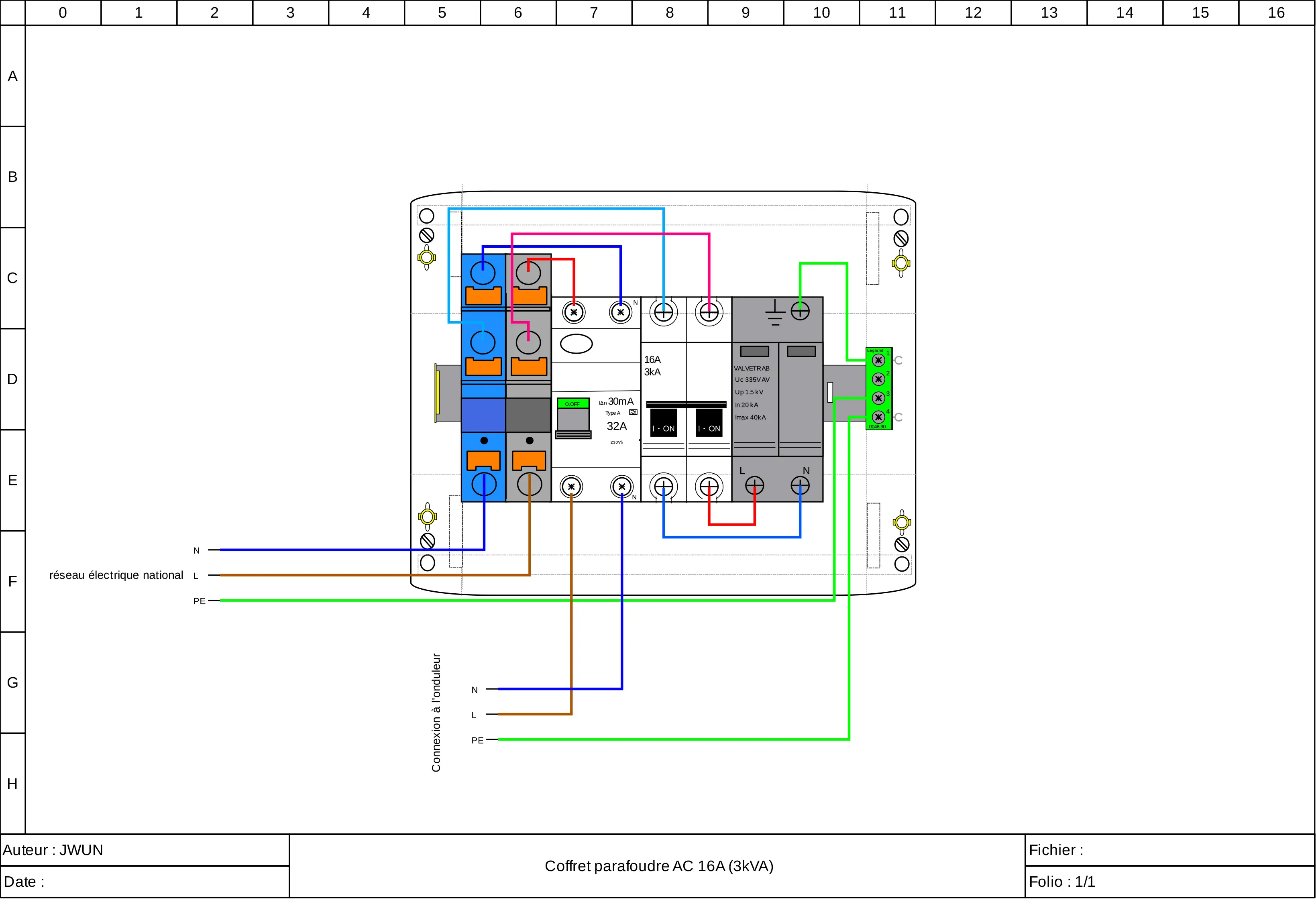 Sch&eacute;ma coffret parafoudre AC monophas&eacute; 16A 3kVA avec diff&eacute;rentiel 30mA type A
