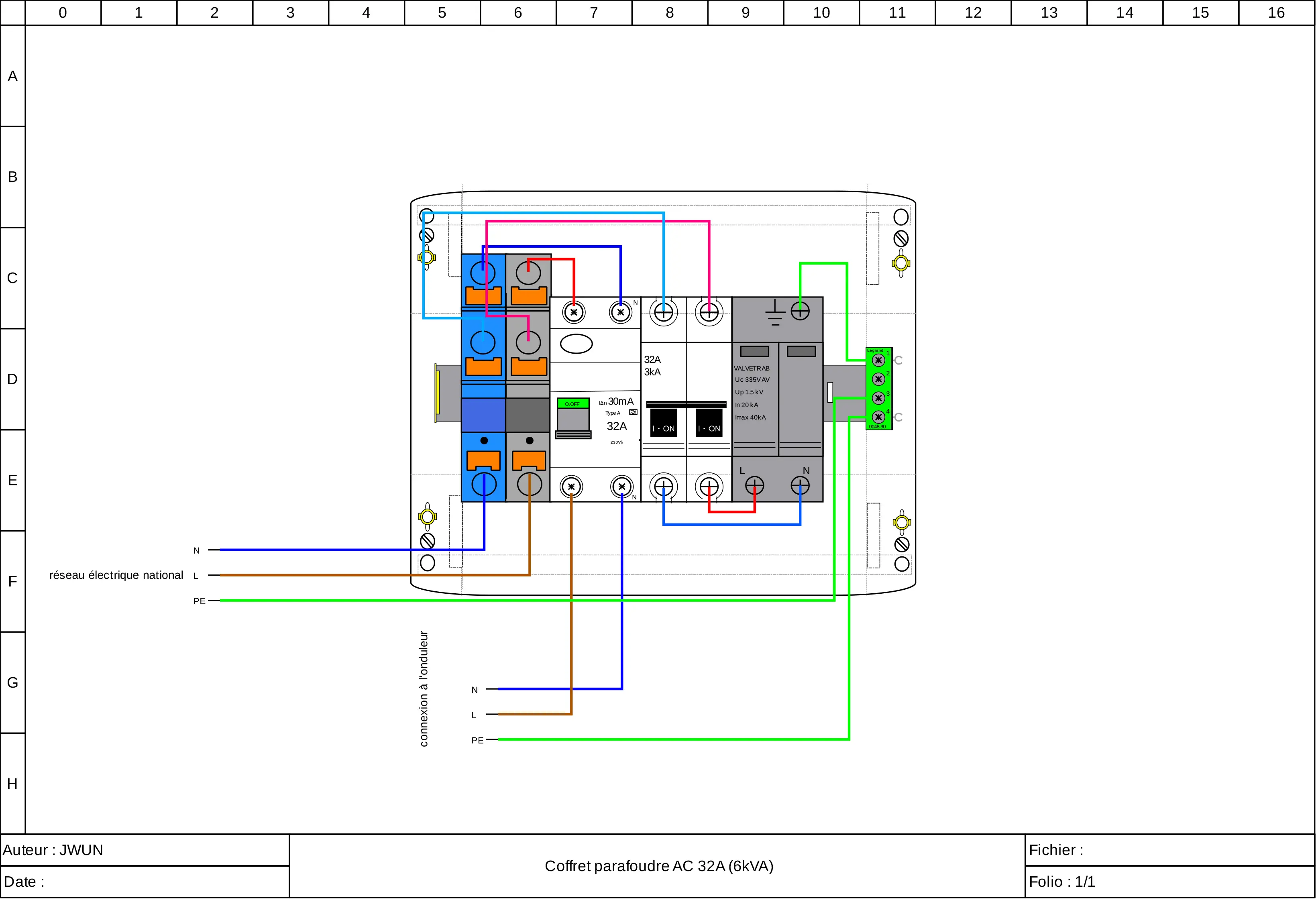 Sch&eacute;ma coffret parafoudre AC monophas&eacute; 32A 6kVA avec diff&eacute;rentiel 30mA type A