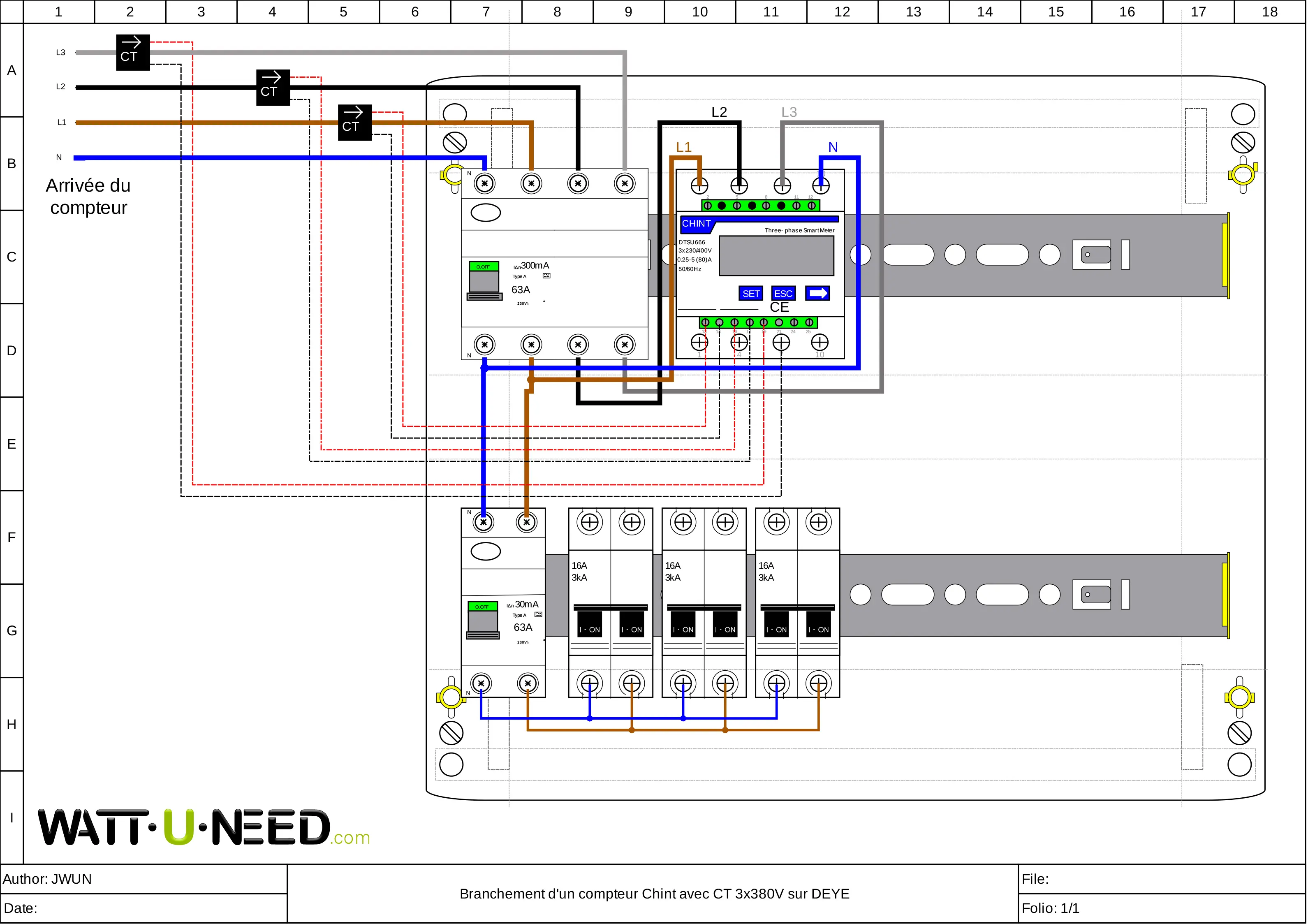 Branchement compteur Chint avec onduleur Deye triphasé 3x380 et CT 
