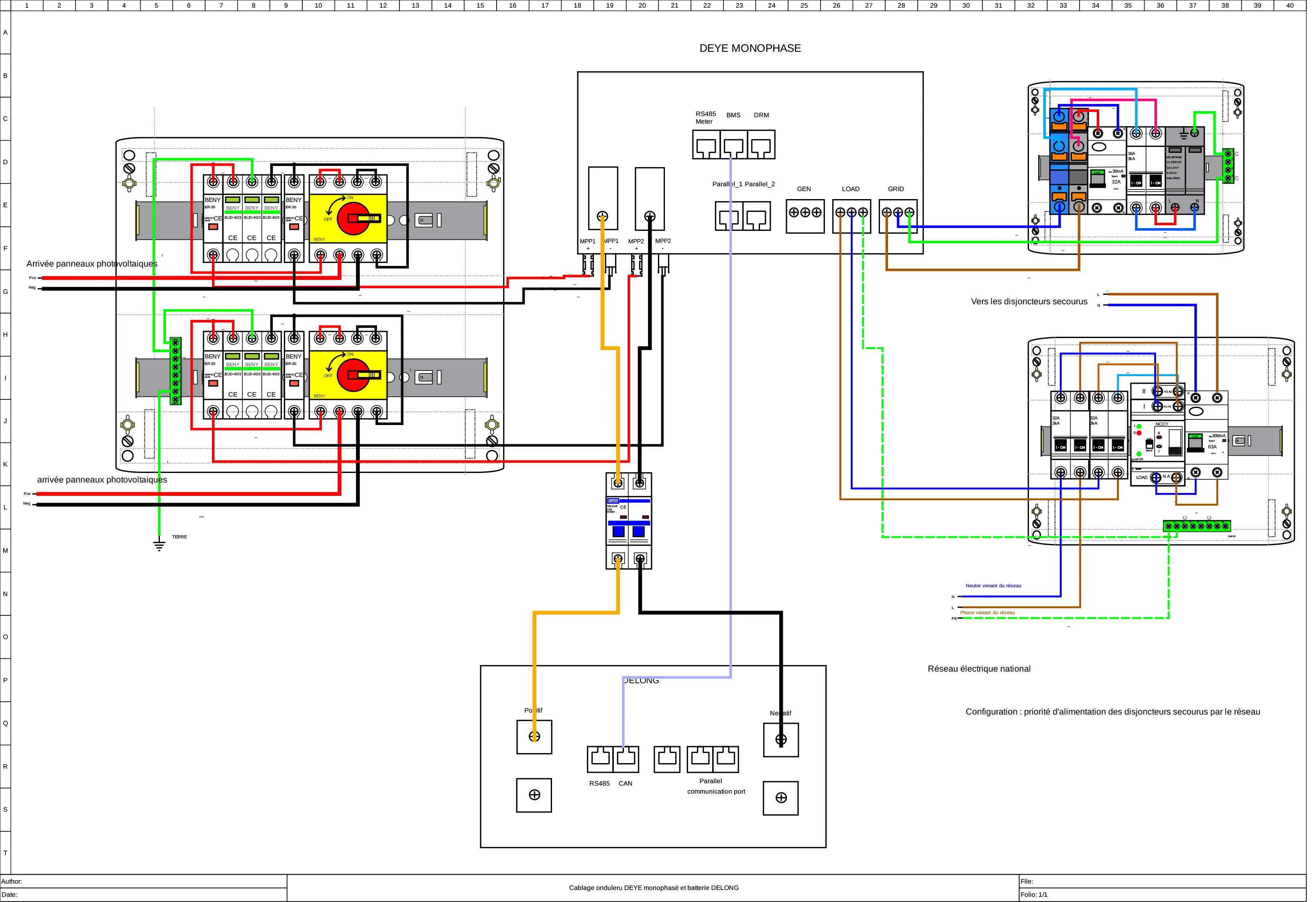 Schéma de câblage d'une installation solaire avec onduleur hybride Deye monophasé et batterie Delong.