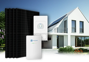 Solar kit with four full black rigid solar panels, a Deye hybrid inverter, and a Leapton lithium battery.