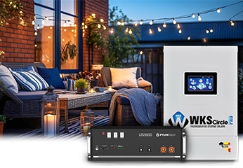 WKS EVO Circle Pro hybrid inverter with Pylontech US5000 lithium battery on a terrace