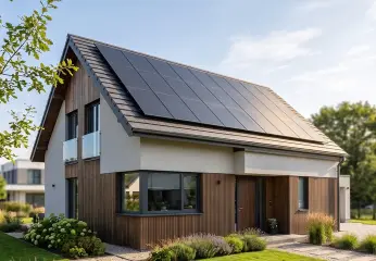 Modernes Haus mit schwarzen Solarmodulen auf dem Dach