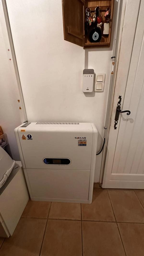 Inverter with surge protection box and lithium battery in a room of a house
